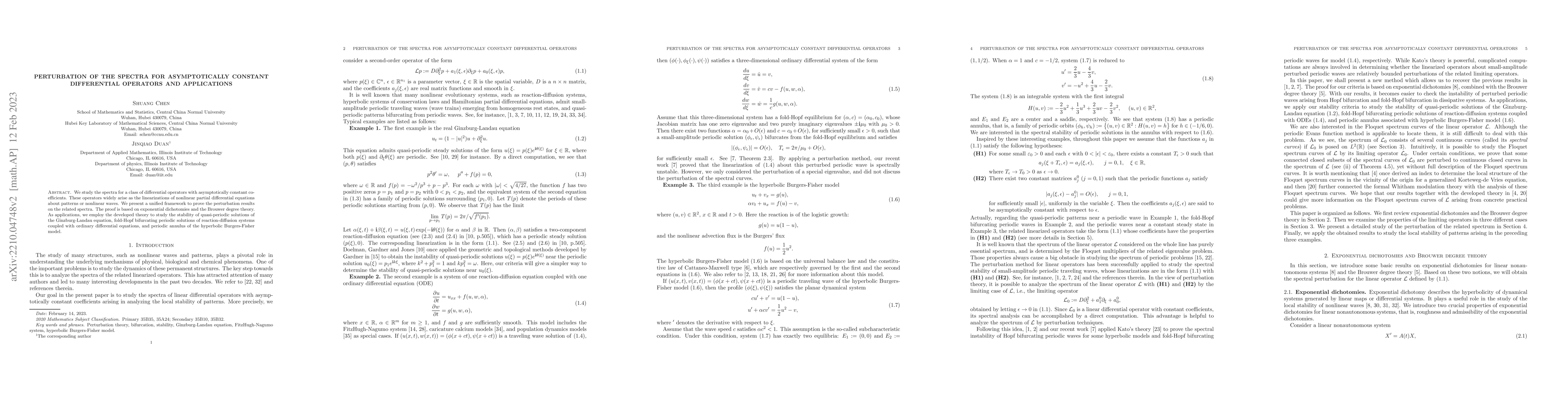 Thumbnail for Perturbation of the spectra for asymptotically constant differential
  operators and applications