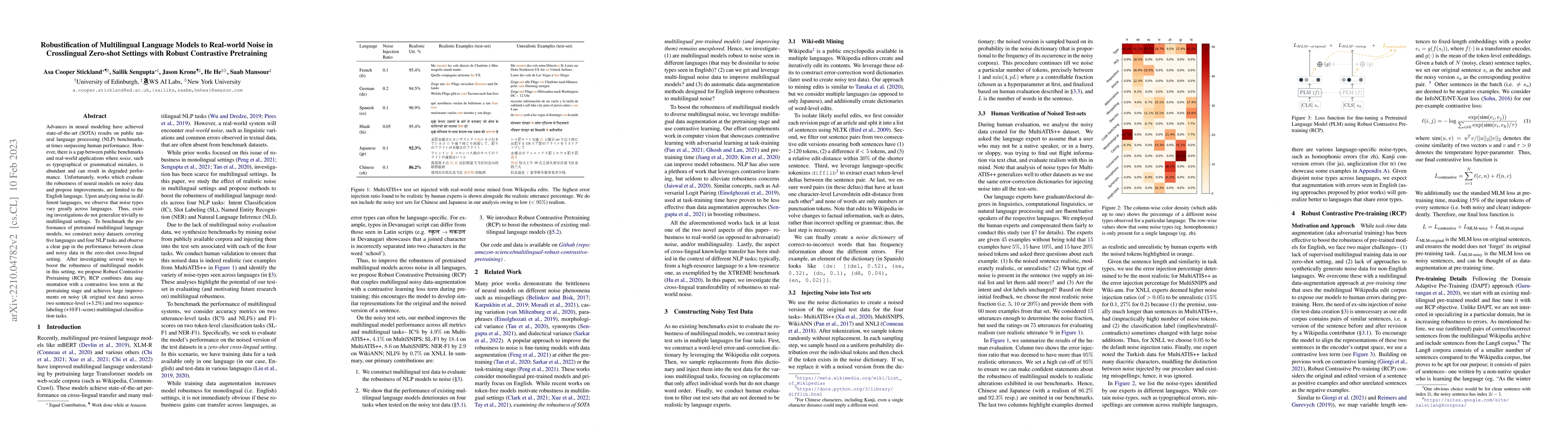 Thumbnail for Robustification of Multilingual Language Models to Real-world Noise in
  Crosslingual Zero-shot Settings with Robust Contrastive Pretraining