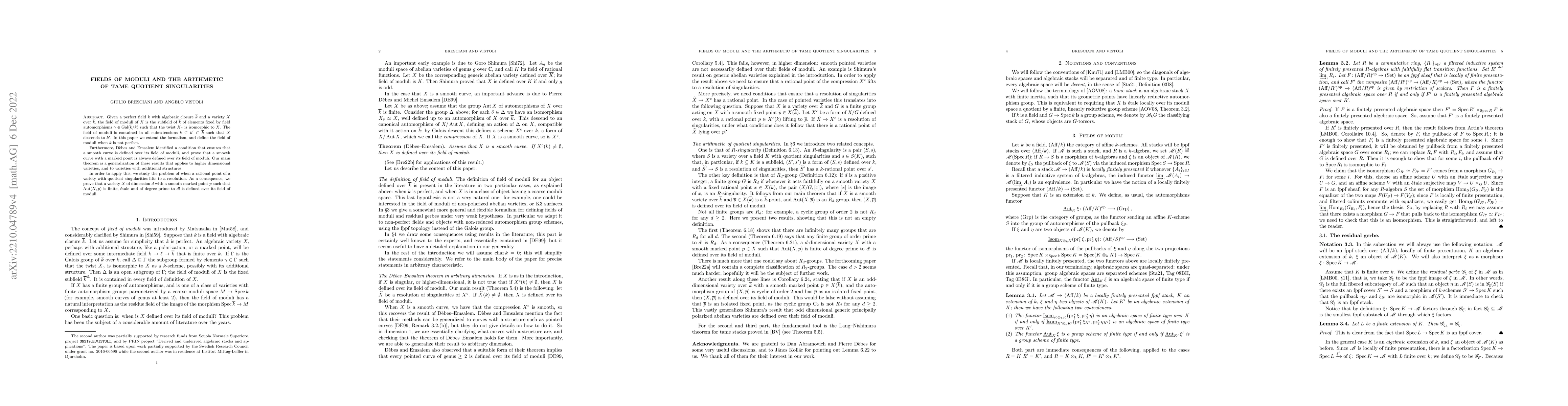 Thumbnail for Fields of moduli and the arithmetic of tame quotient singularities