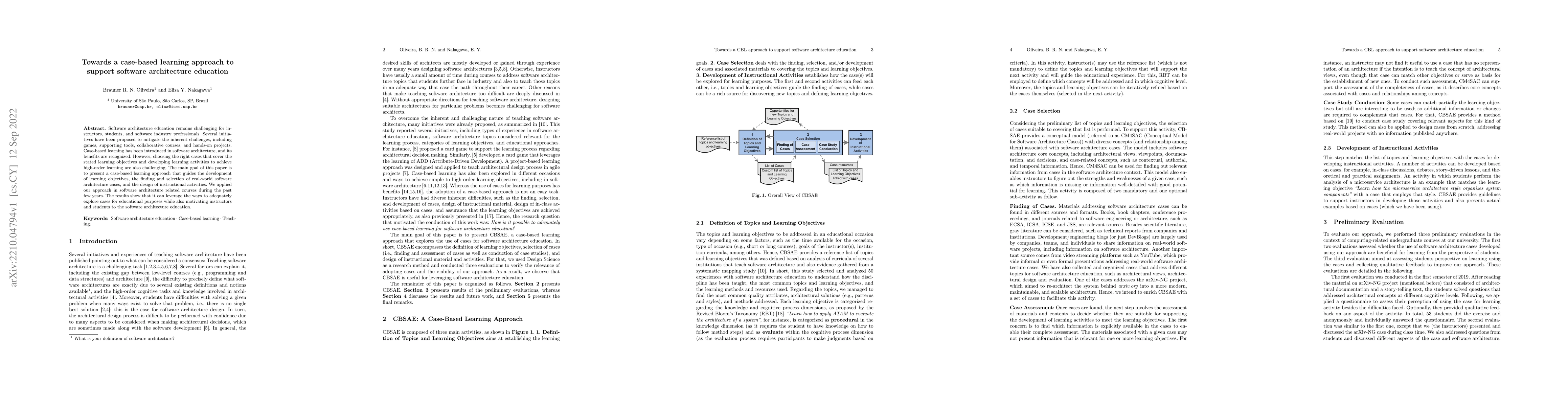 Thumbnail for Towards a case-based learning approach to support software architecture
  education