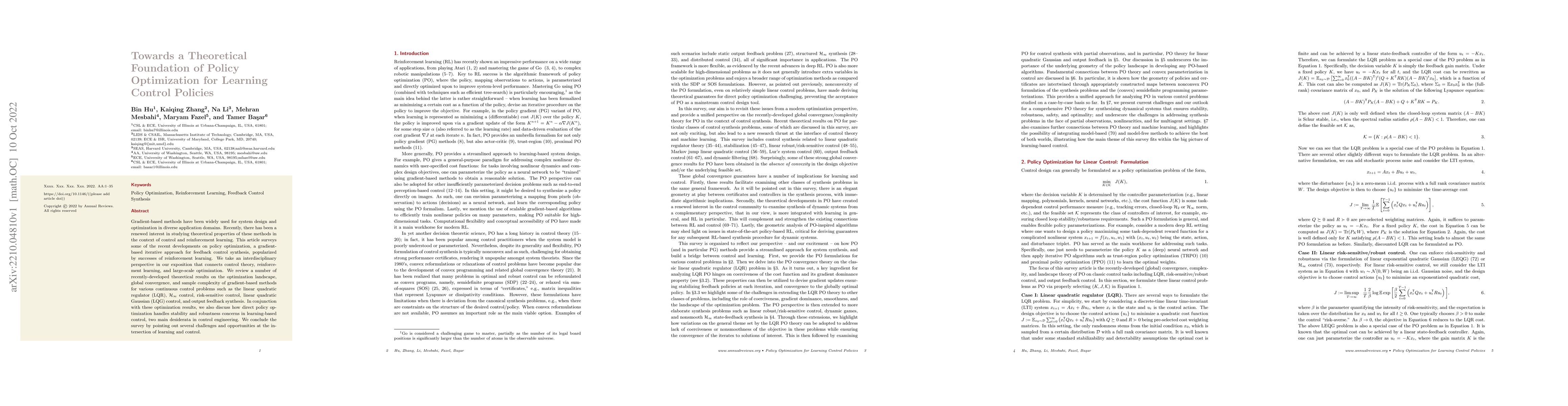 Thumbnail for Towards a Theoretical Foundation of Policy Optimization for Learning
  Control Policies