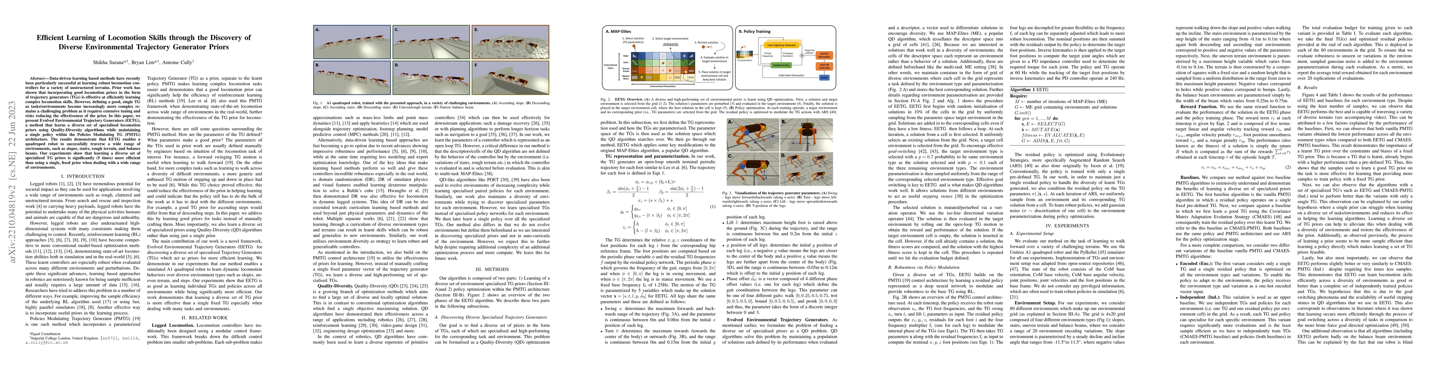Thumbnail for Efficient Learning of Locomotion Skills through the Discovery of Diverse
  Environmental Trajectory Generator Priors