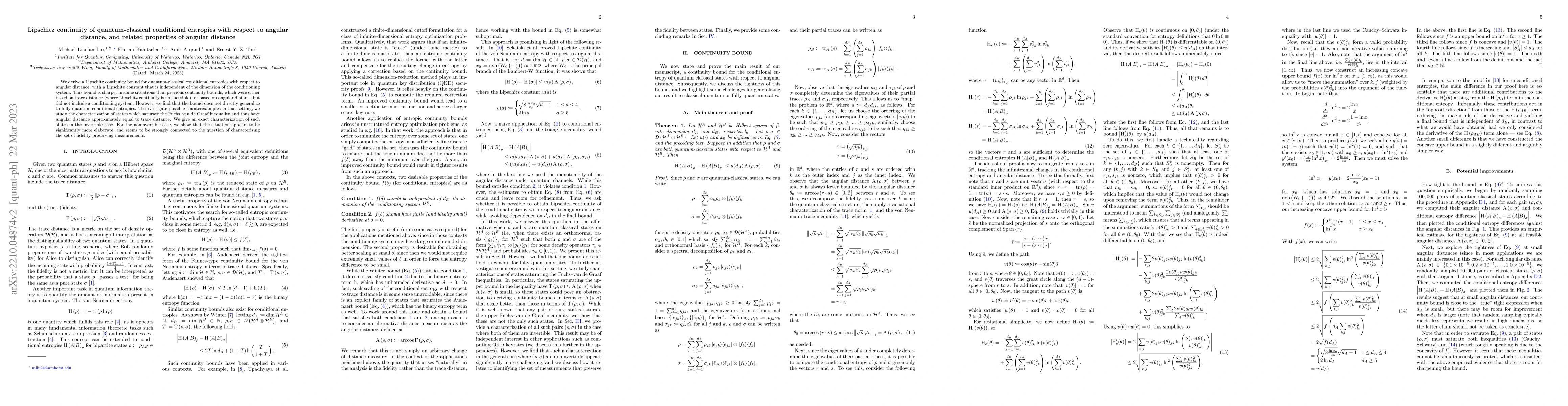 Thumbnail for Lipschitz continuity of quantum-classical conditional entropies with
  respect to angular distance and related properties