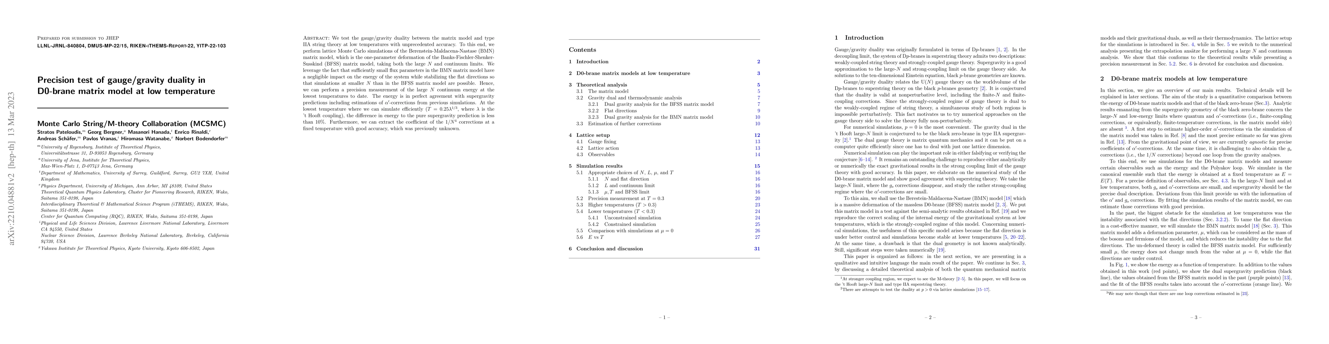 Thumbnail for Precision test of gauge/gravity duality in D0-brane matrix model at low
  temperature