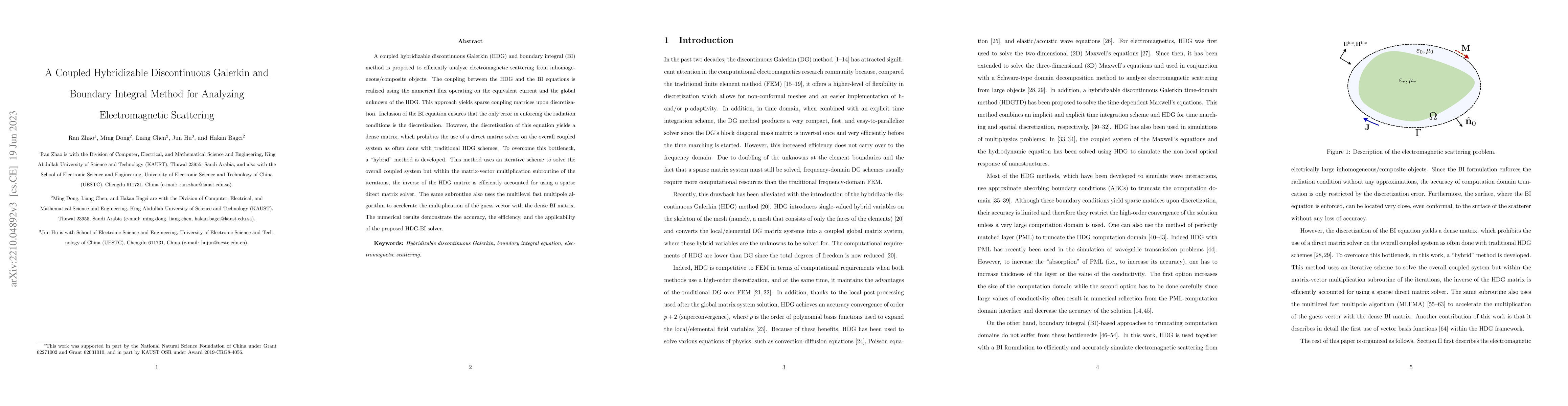 Thumbnail for A Coupled Hybridizable Discontinuous Galerkin and Boundary Integral
  Method for Analyzing Electromagnetic Scattering