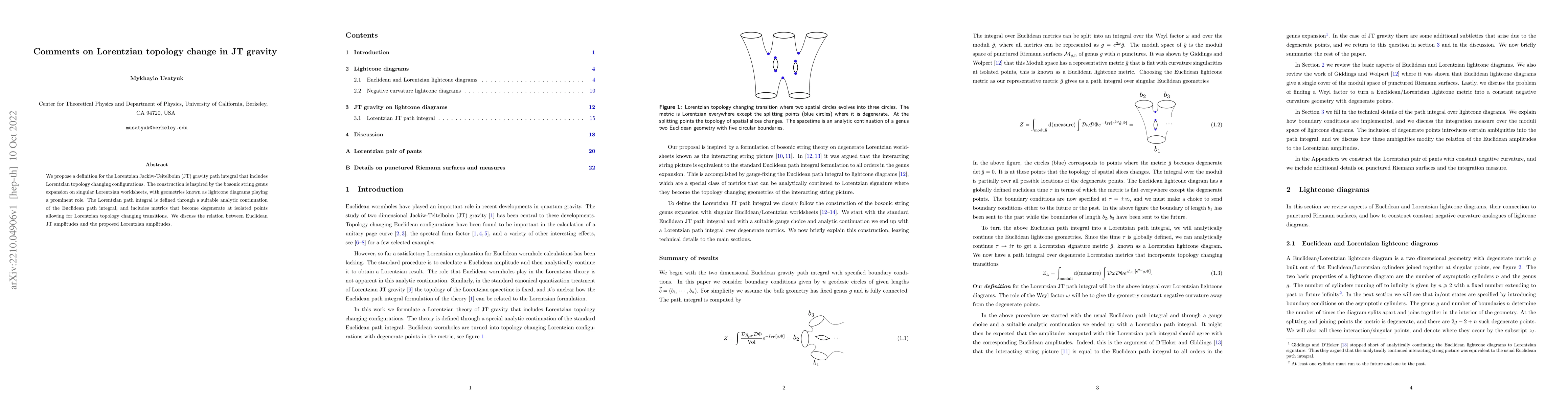 Thumbnail for Comments on Lorentzian topology change in JT gravity