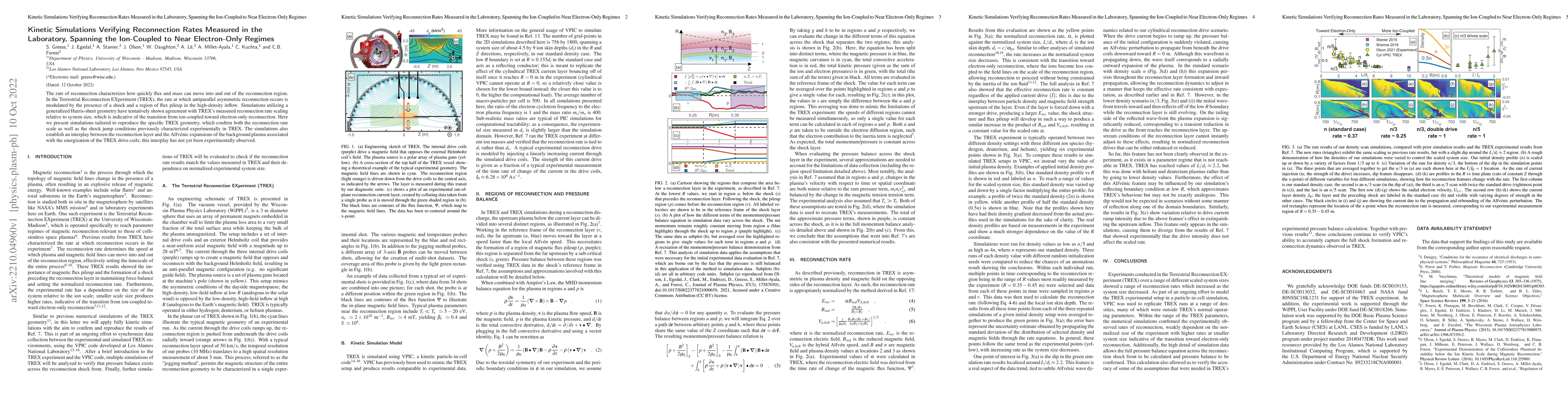 Thumbnail for Kinetic Simulations Verifying Reconnection Rates Measured in the
  Laboratory, Spanning the Ion-Coupled to Near Electron-Only Regimes