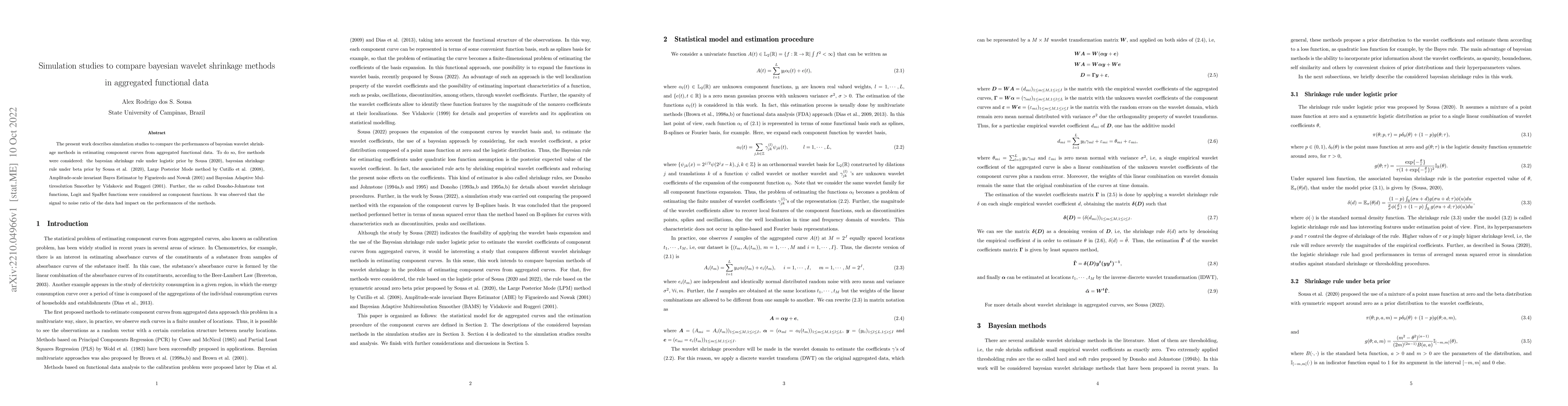 Thumbnail for Simulation studies to compare bayesian wavelet shrinkage methods in
  aggregated functional data