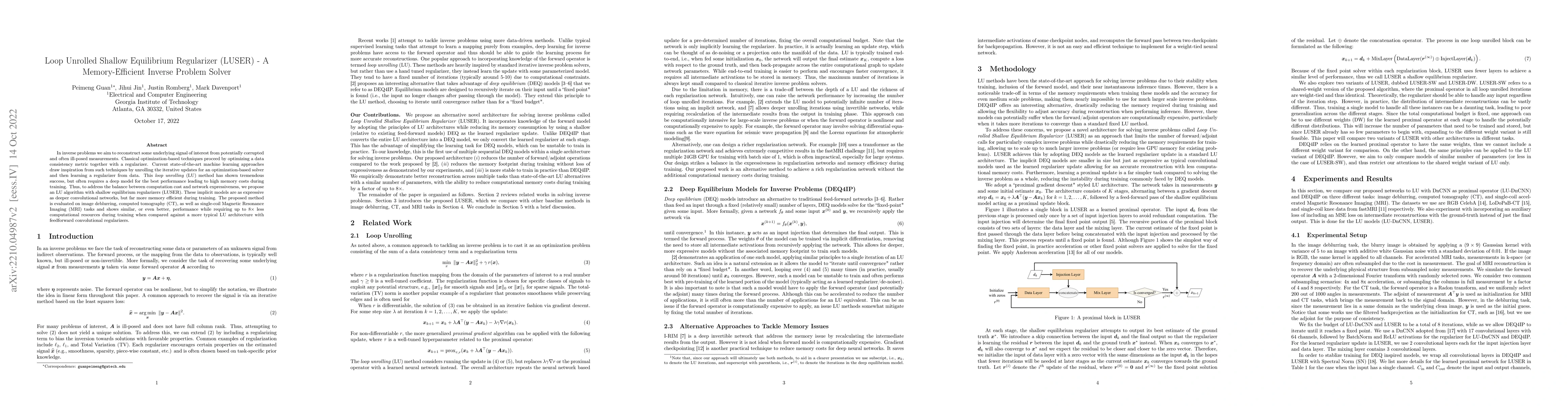 Thumbnail for Loop Unrolled Shallow Equilibrium Regularizer (LUSER) -- A
  Memory-Efficient Inverse Problem Solver