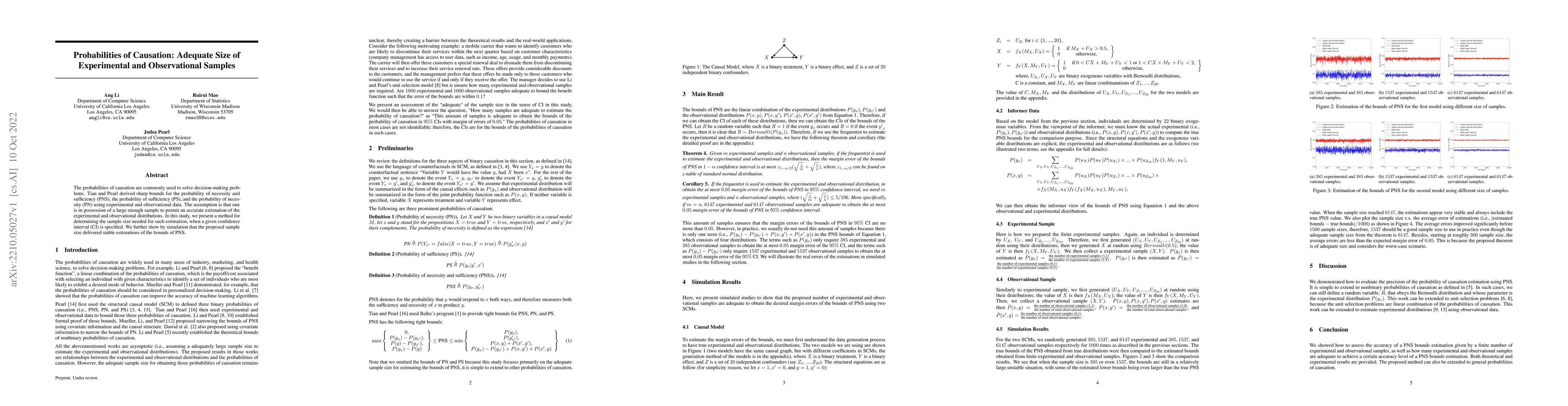 Thumbnail for Probabilities of Causation: Adequate Size of Experimental and
  Observational Samples