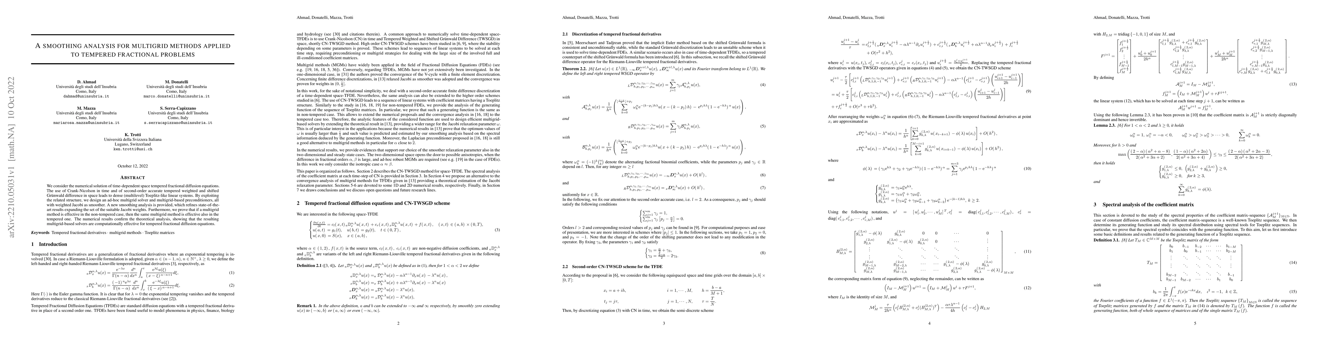 Thumbnail for A smoothing analysis for multigrid methods applied to tempered
  fractional problems