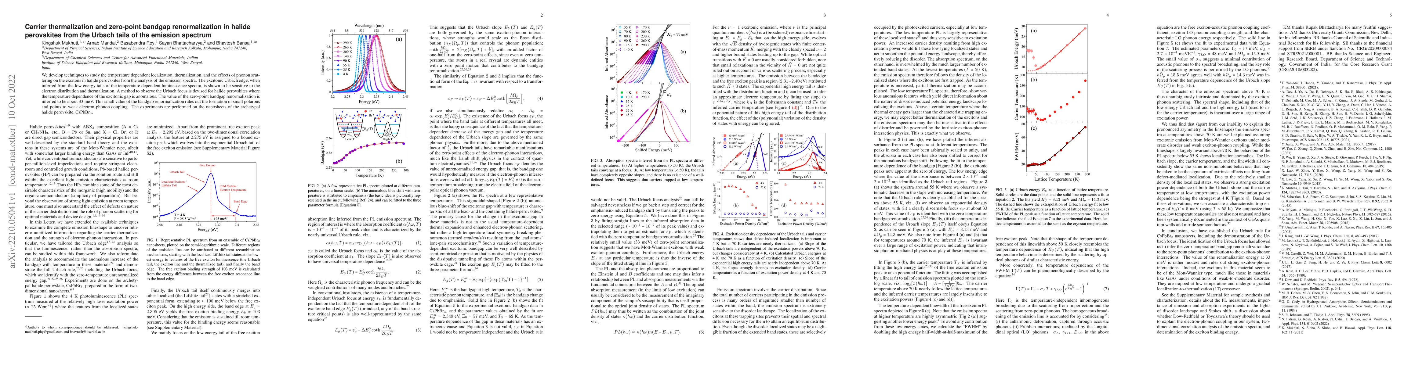 Thumbnail for Carrier thermalization and zero-point bandgap renormalization in halide
  perovskites from the Urbach tails of the emission spectrum