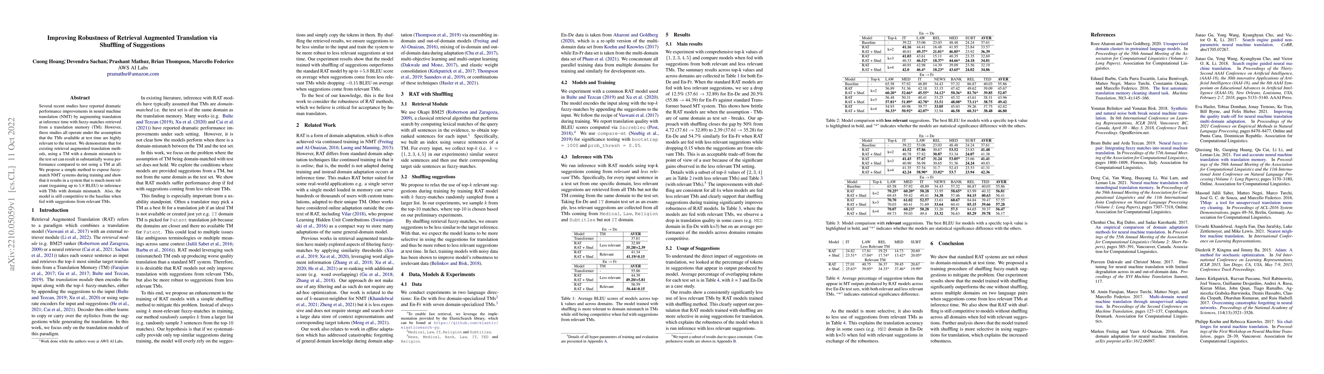 Thumbnail for Improving Robustness of Retrieval Augmented Translation via Shuffling of
  Suggestions