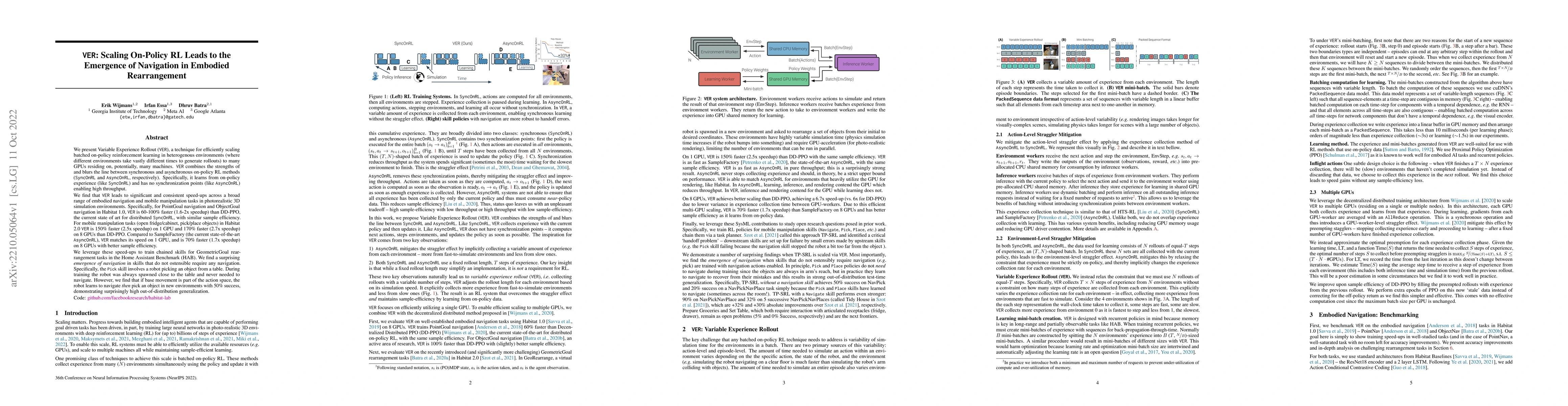 Thumbnail for VER: Scaling On-Policy RL Leads to the Emergence of Navigation in
  Embodied Rearrangement