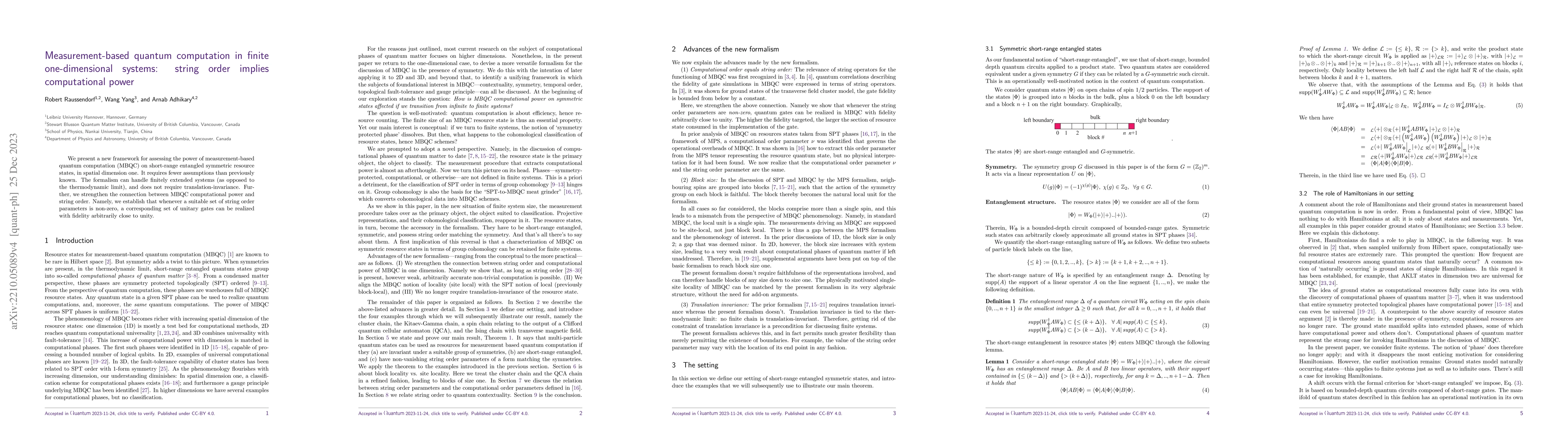 Thumbnail for Measurement-based quantum computation in finite one-dimensional systems:
  string order implies computational power