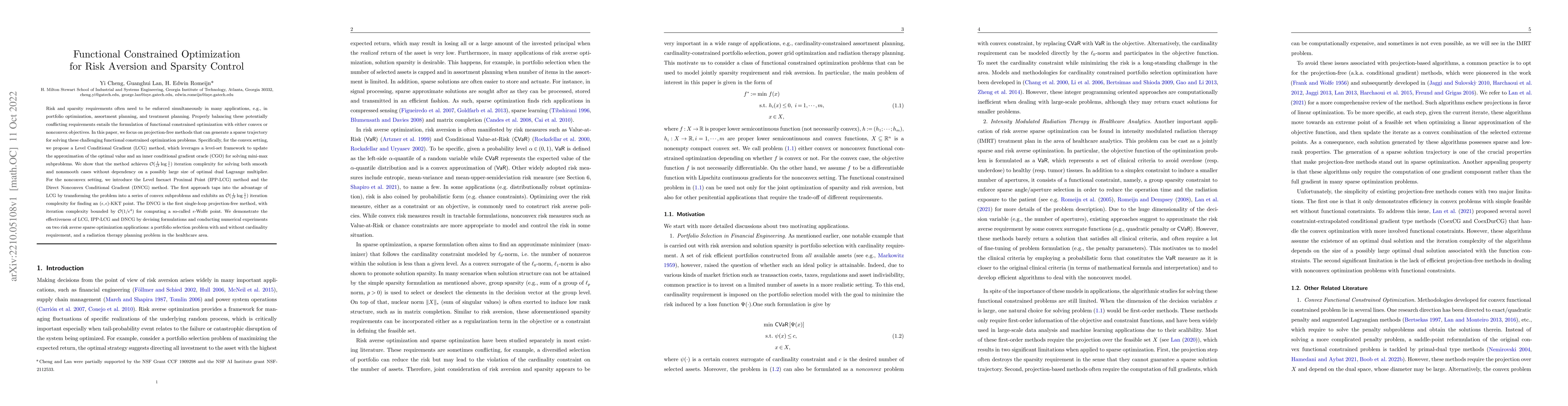 Thumbnail for Functional Constrained Optimization for Risk Aversion and Sparsity
  Control