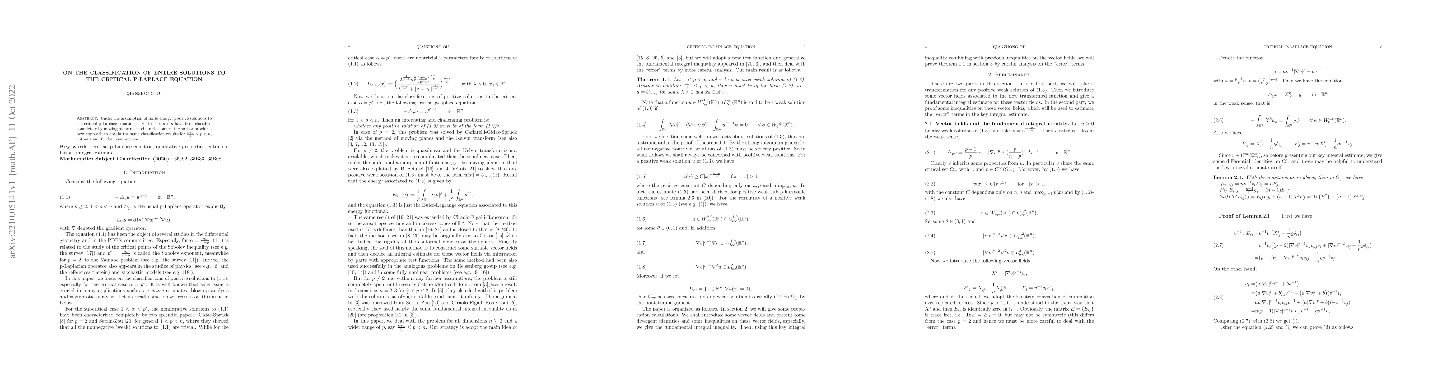 Thumbnail for On the classification of entire solutions to the critical p-Laplace
  equation