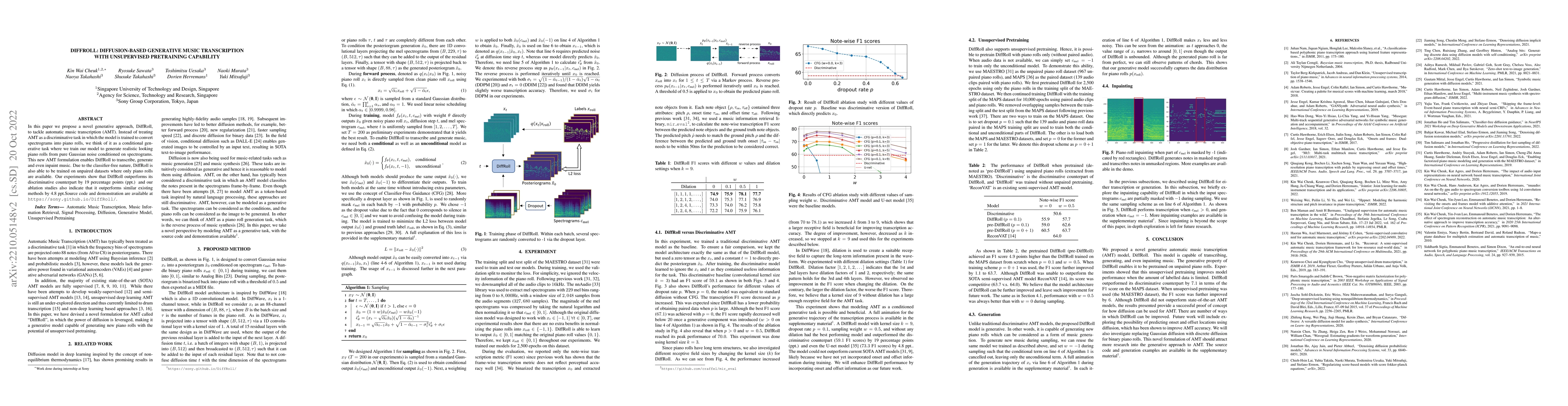 Thumbnail for DiffRoll: Diffusion-based Generative Music Transcription with
  Unsupervised Pretraining Capability
