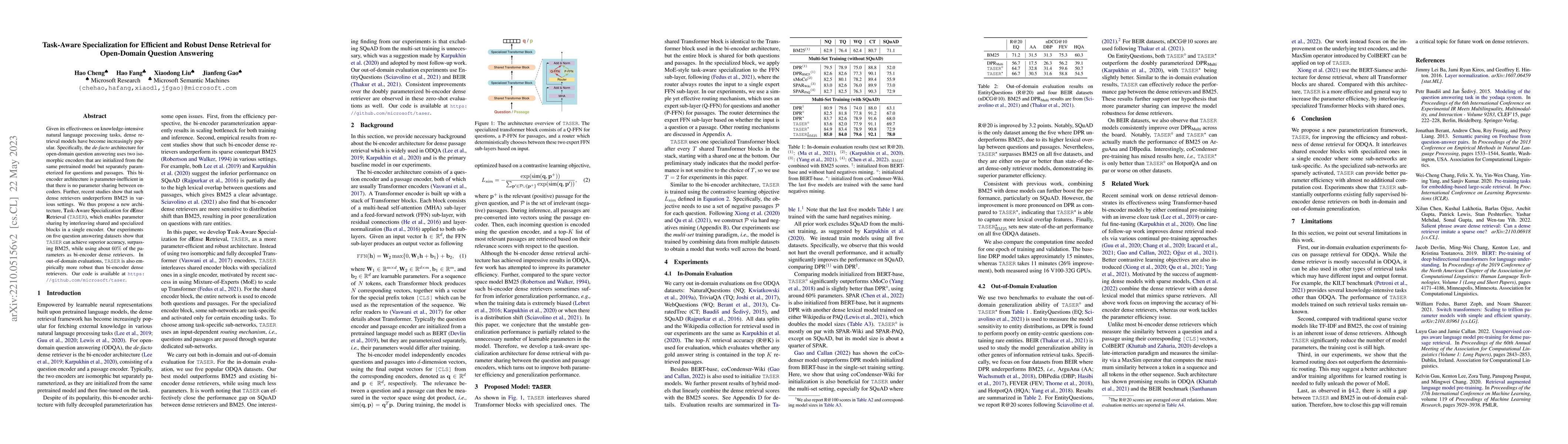 Thumbnail for Task-Aware Specialization for Efficient and Robust Dense Retrieval for
  Open-Domain Question Answering