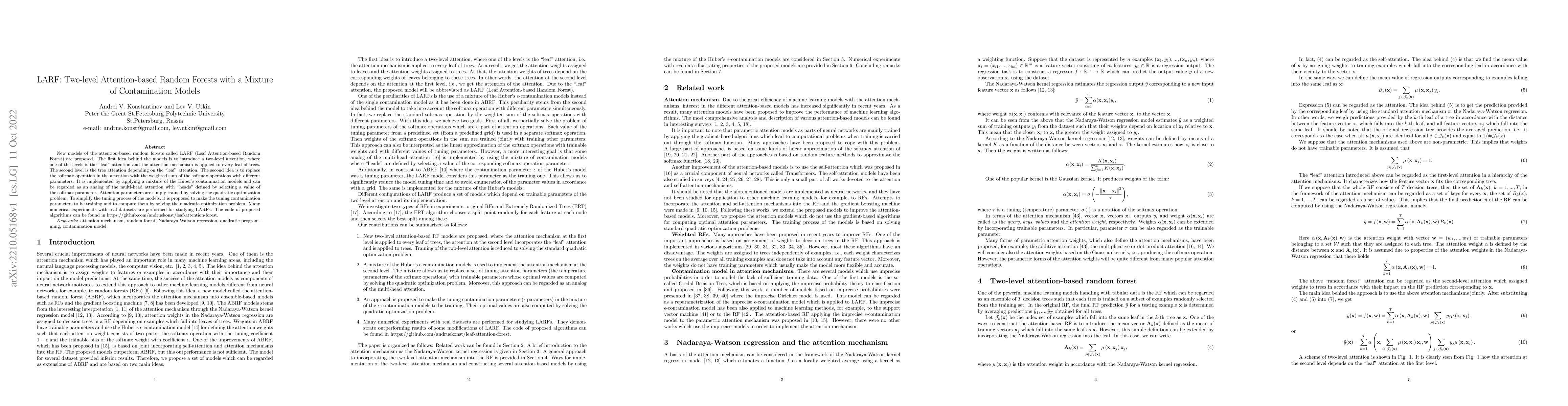 Thumbnail for LARF: Two-level Attention-based Random Forests with a Mixture of
  Contamination Models