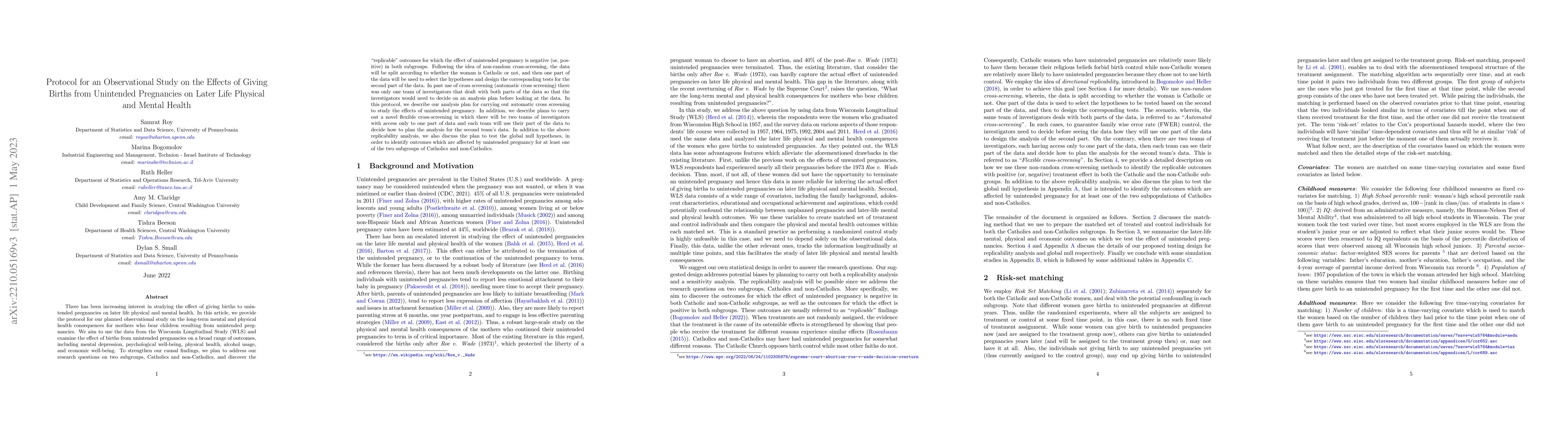 Thumbnail for Protocol for an Observational Study on the Effects of Giving Births from
  Unintended Pregnancies on Later Life Physical and Mental Health