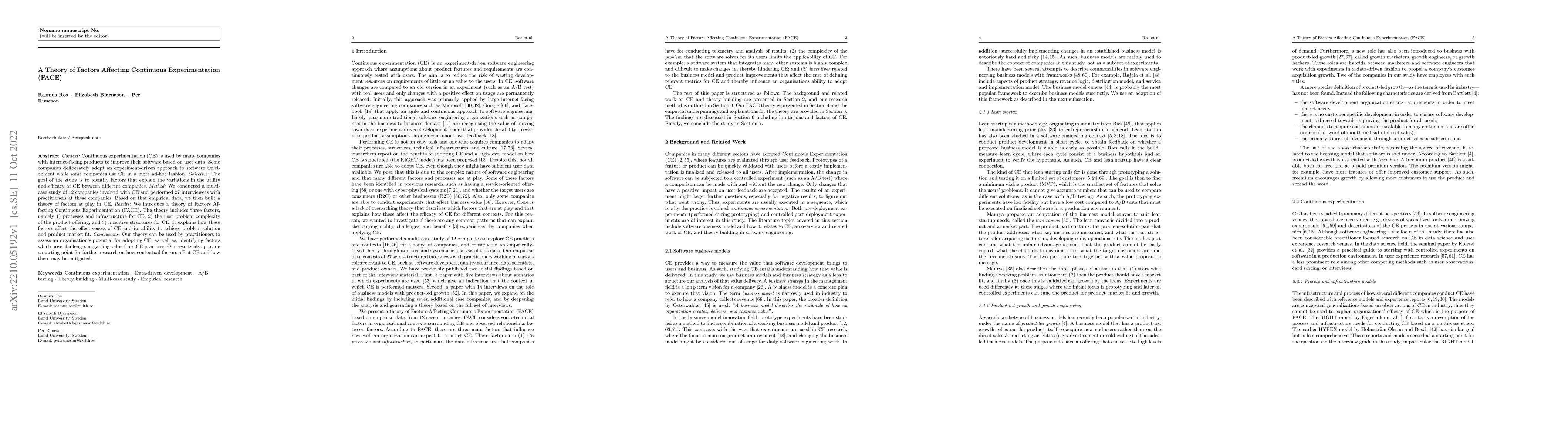 Thumbnail for A Theory of Factors Affecting Continuous Experimentation (FACE)