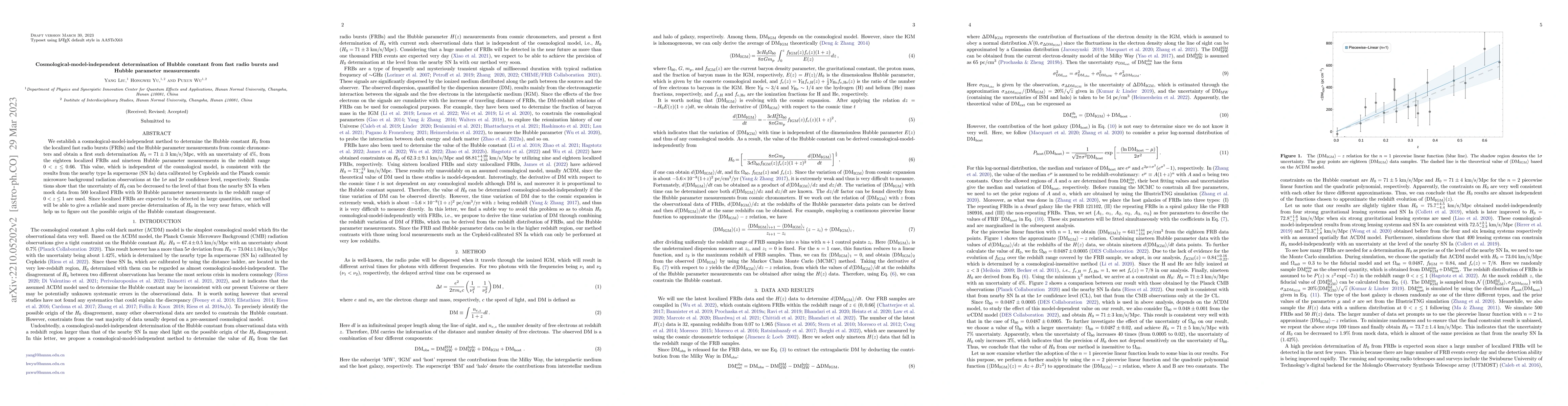 Thumbnail for Cosmological-model-independent determination of Hubble constant from
  fast radio bursts and Hubble parameter measurements