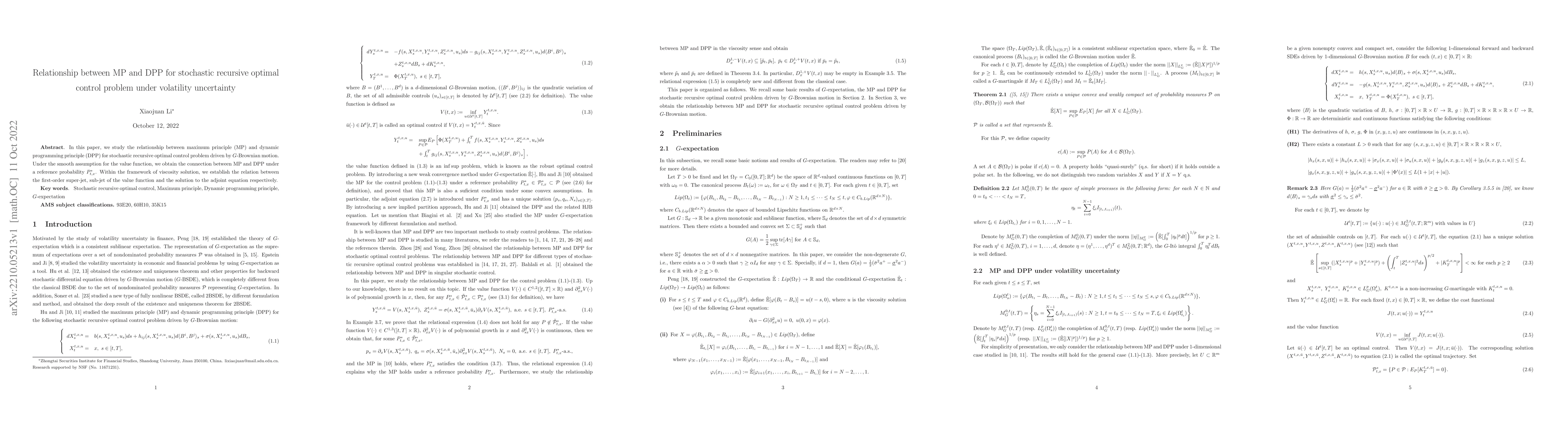 Thumbnail for Relationship between MP and DPP for stochastic recursive optimal control
  problem under volatility uncertainty