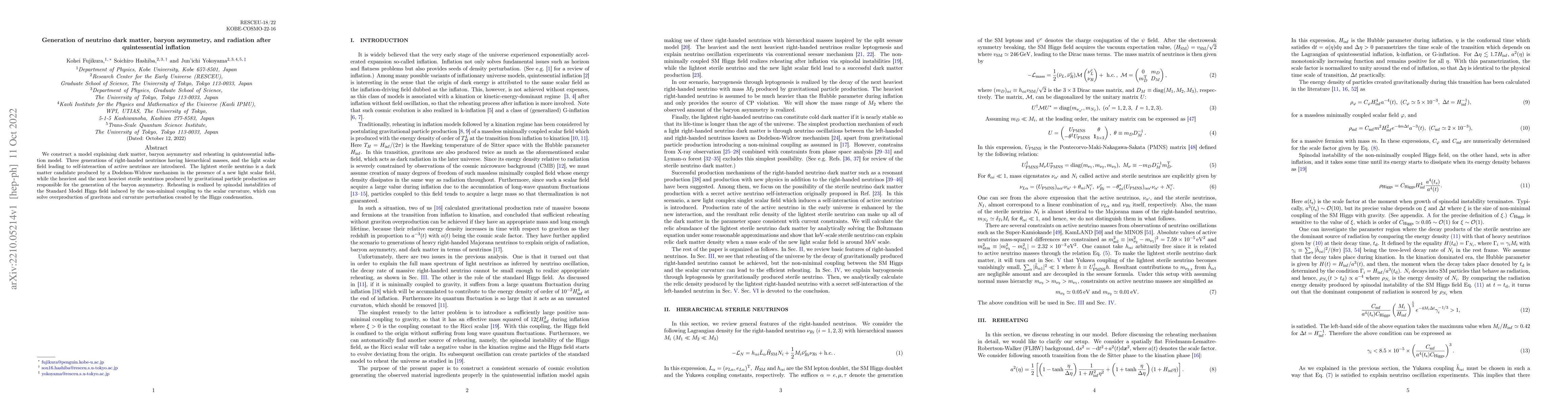 Thumbnail for Generation of neutrino dark matter, baryon asymmetry, and radiation
  after quintessential inflation