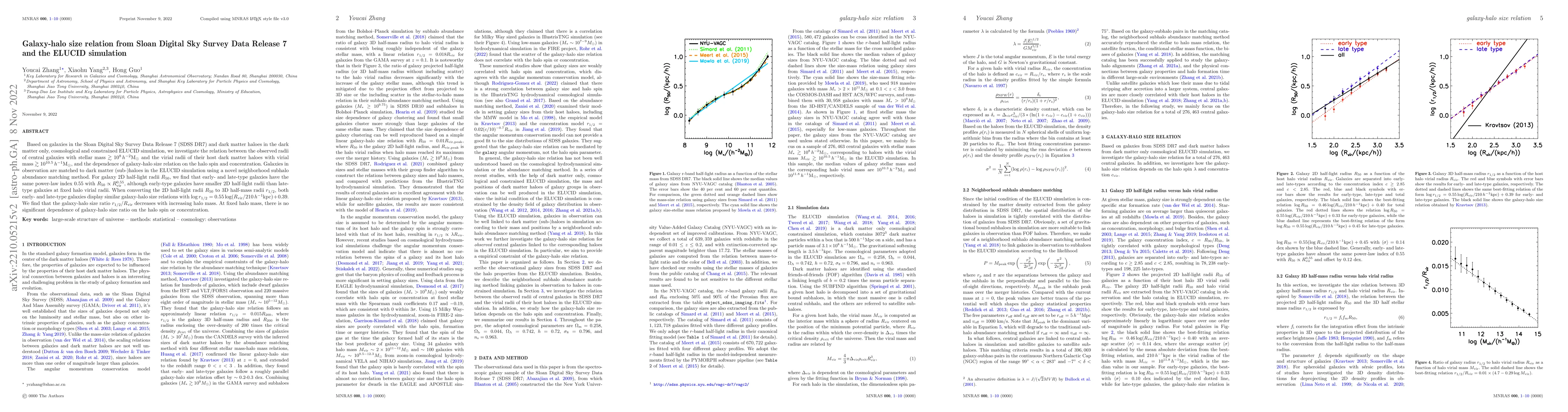 Thumbnail for Galaxy-halo size relation from Sloan Digital Sky Survey Data Release 7
  and the ELUCID simulation
