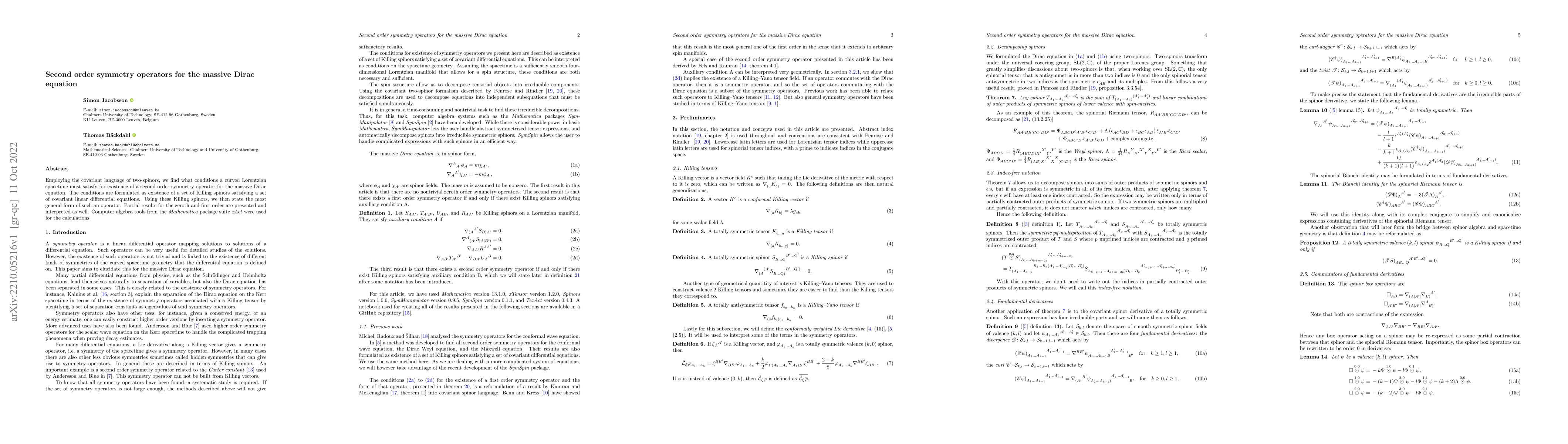 Thumbnail for Second order symmetry operators for the massive Dirac equation