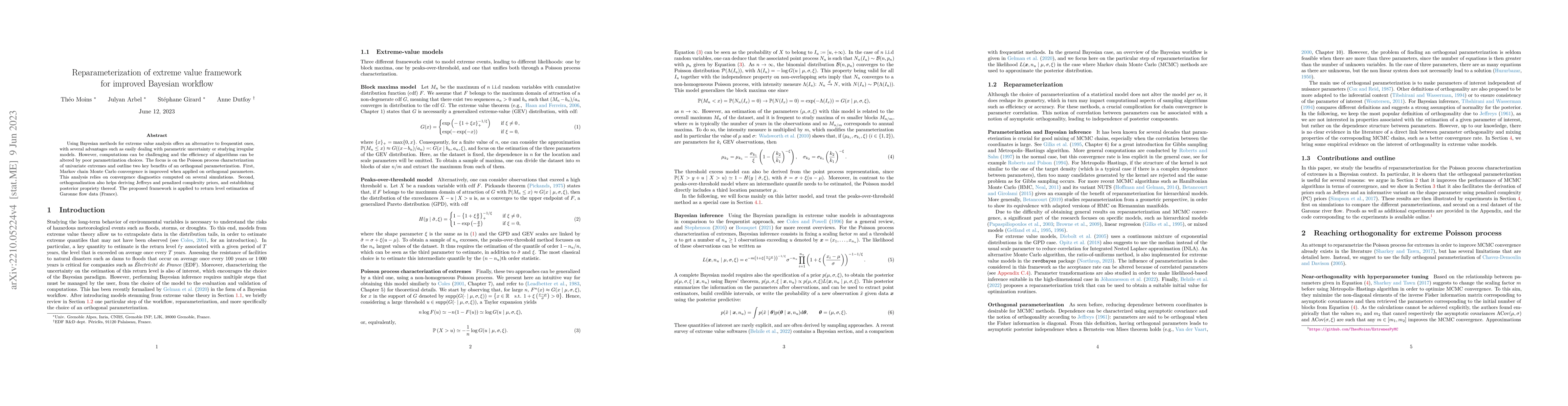 Thumbnail for Reparameterization of extreme value framework for improved Bayesian
  workflow