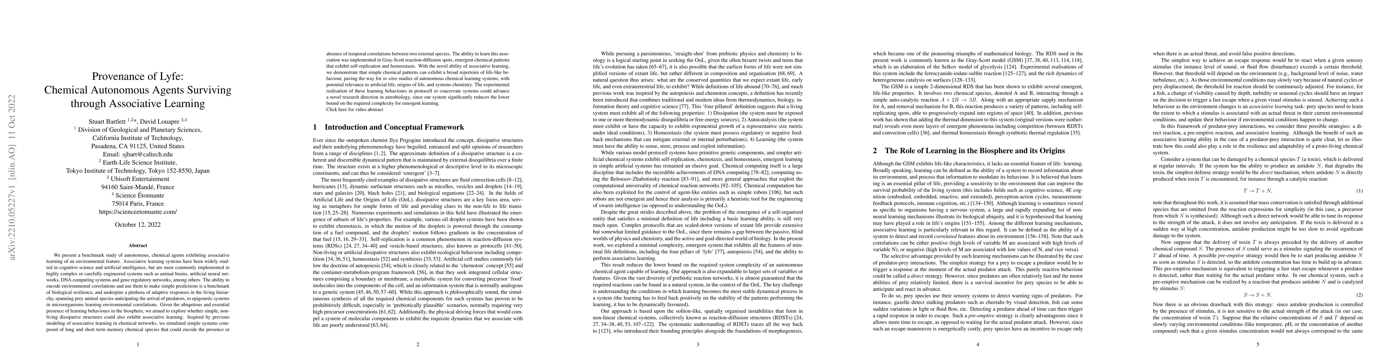 Thumbnail for Provenance of Lyfe: Chemical Autonomous Agents Surviving through
  Associative Learning