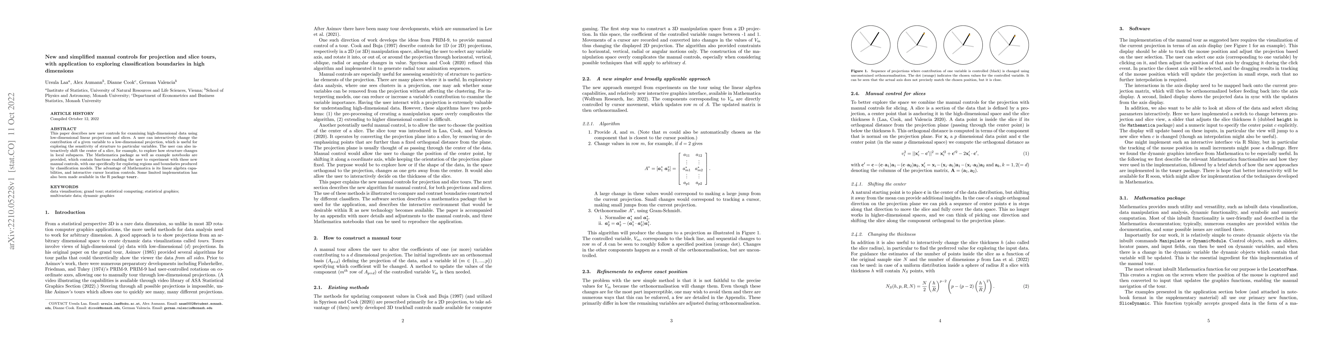 Thumbnail for New and simplified manual controls for projection and slice tours, with
  application to exploring classification boundaries in high dimensions