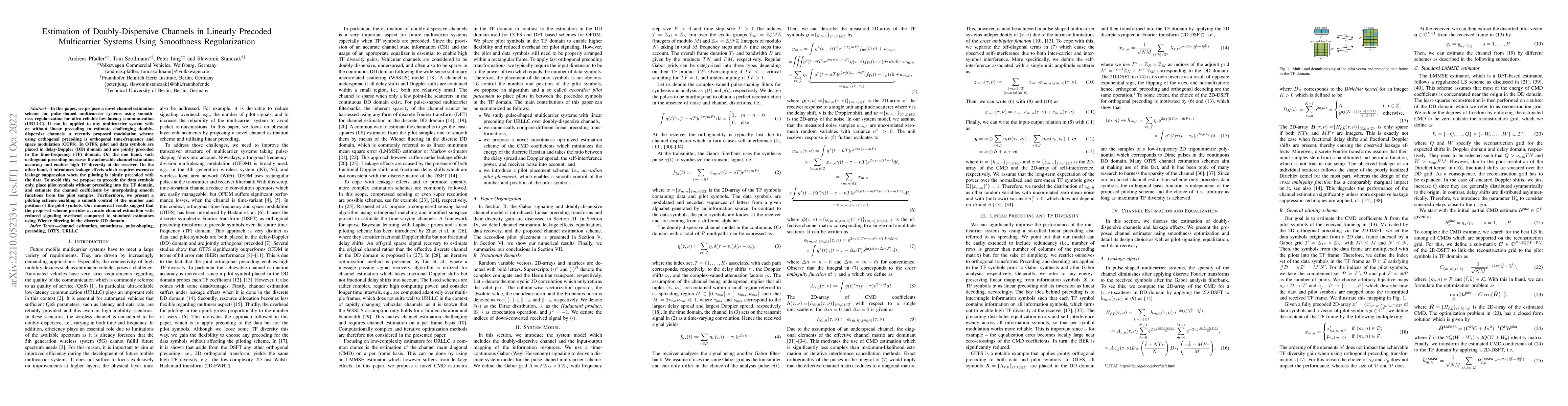 Thumbnail for Estimation of Doubly-Dispersive Channels in Linearly Precoded
  Multicarrier Systems Using Smoothness Regularization