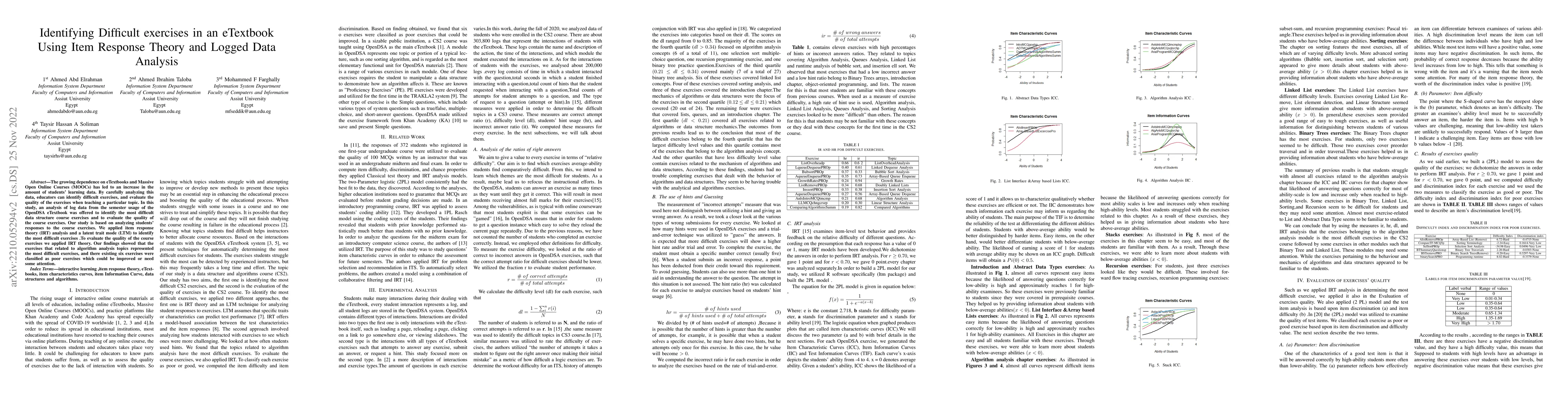 Thumbnail for Identifying Difficult exercises in an eTextbook Using Item Response
  Theory and Logged Data Analysis