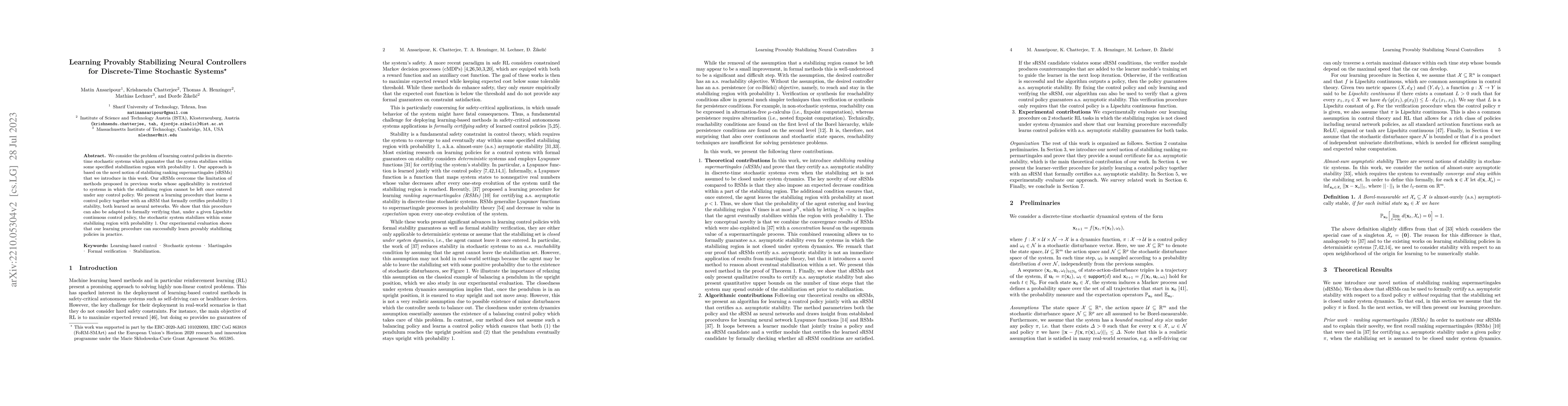 Thumbnail for Learning Provably Stabilizing Neural Controllers for Discrete-Time
  Stochastic Systems