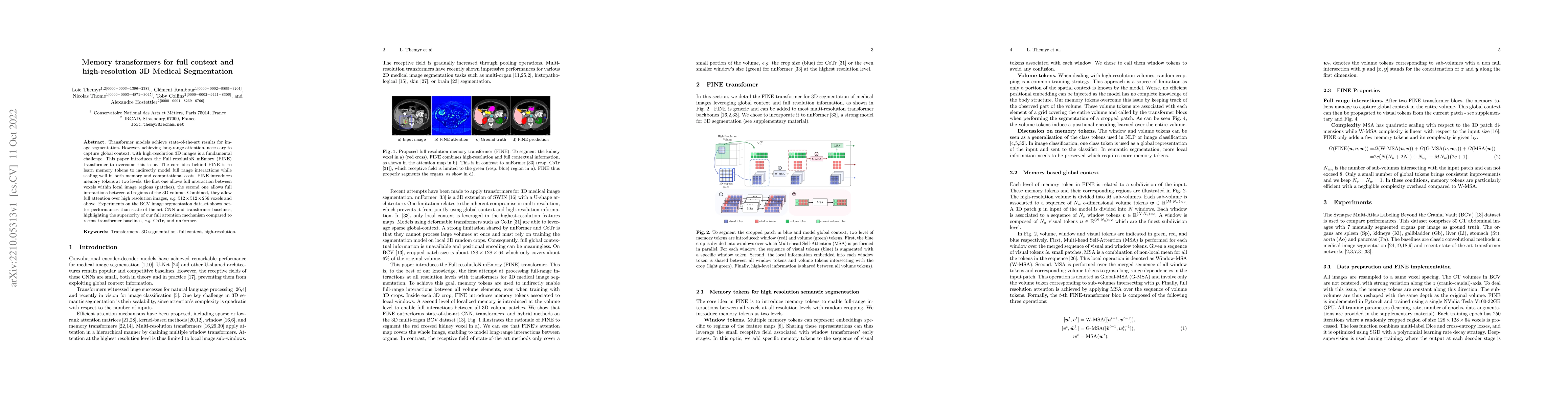 Thumbnail for Memory transformers for full context and high-resolution 3D Medical
  Segmentation