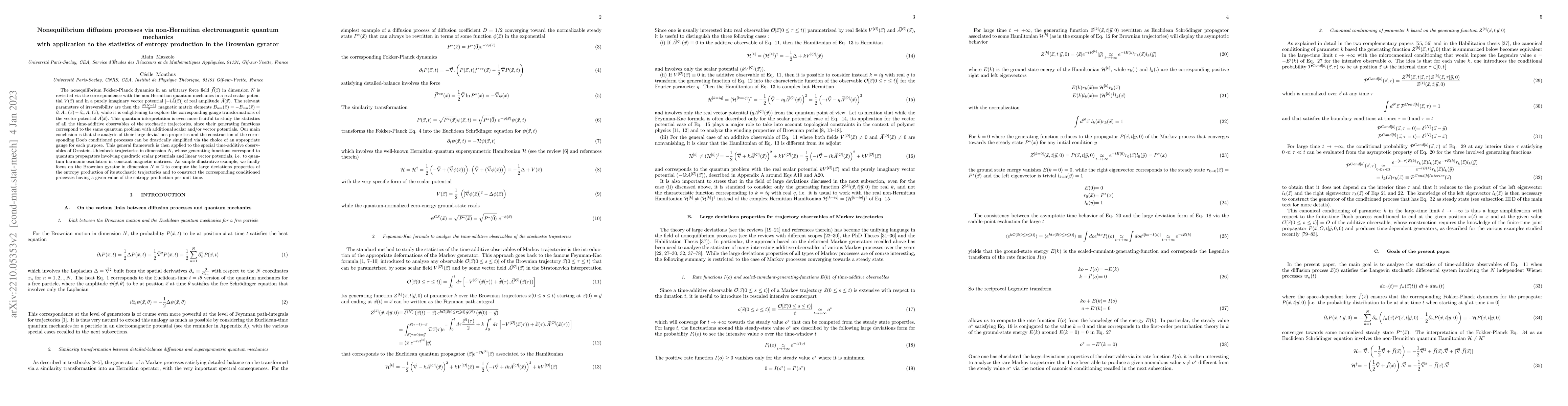 Thumbnail for Nonequilibrium diffusion processes via non-Hermitian electromagnetic
  quantum mechanics with application to the statistics of entropy production in
  the Brownian gyrator