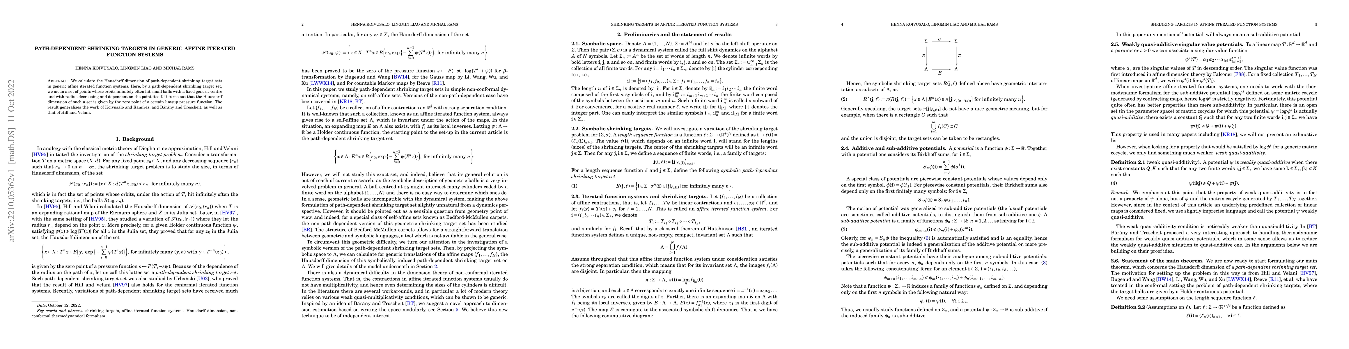 Thumbnail for Path-dependent shrinking targets in generic affine iterated function
  systems