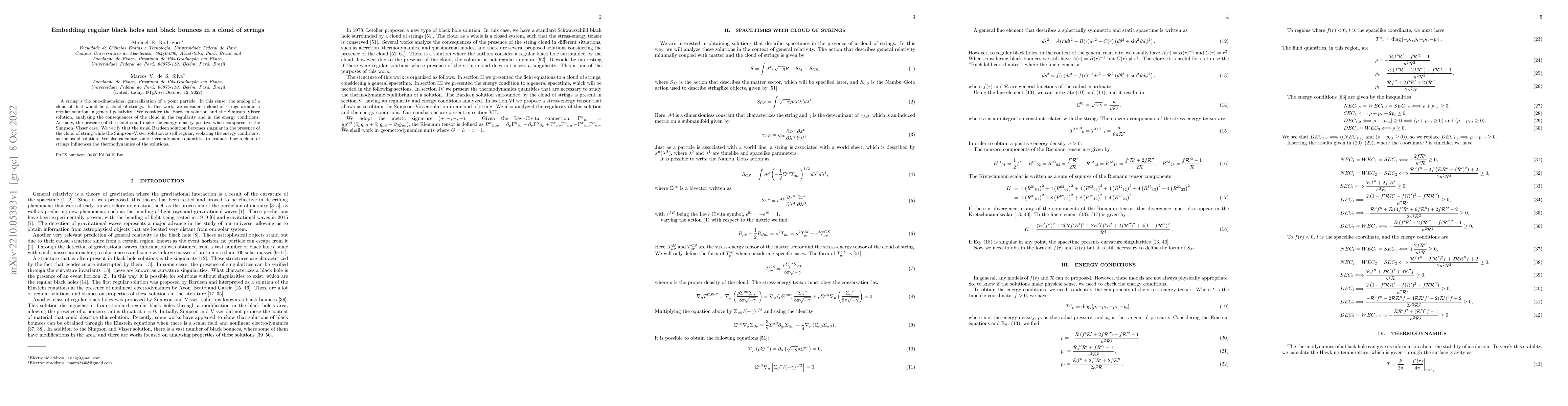 Thumbnail for Embedding regular black holes and black bounces in a cloud of strings