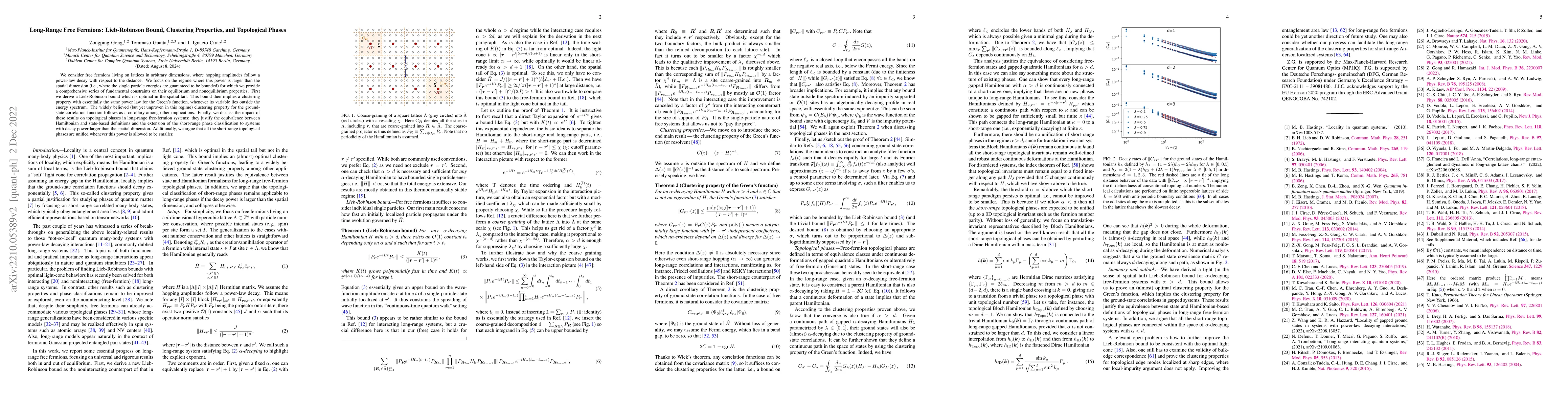 Thumbnail for Long-Range Free Fermions: Lieb-Robinson Bound, Clustering Properties,
  and Topological Phases