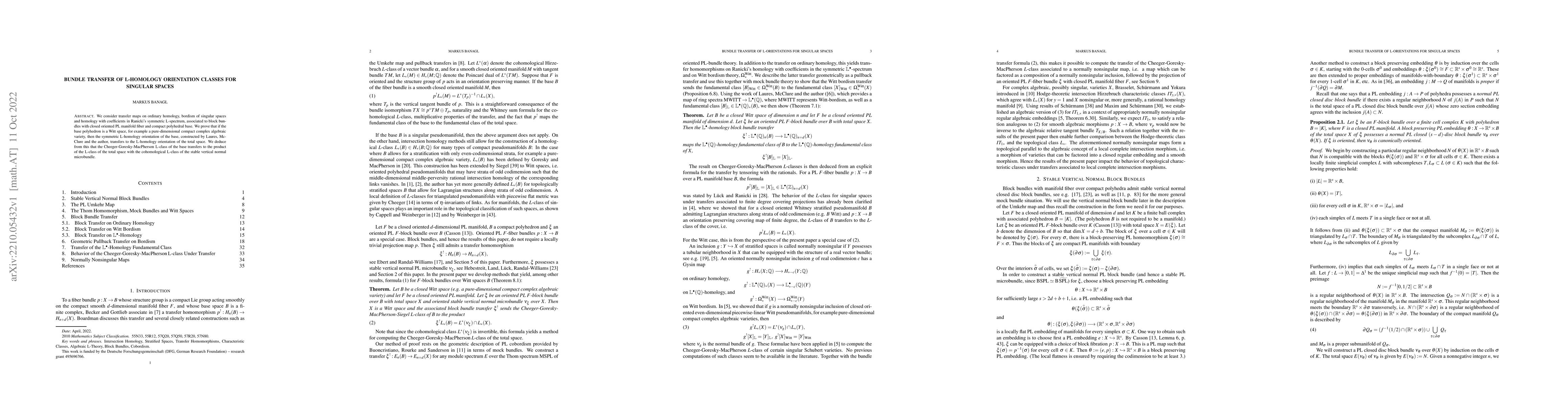 Thumbnail for Bundle Transfer of L-Homology Orientation Classes for Singular Spaces