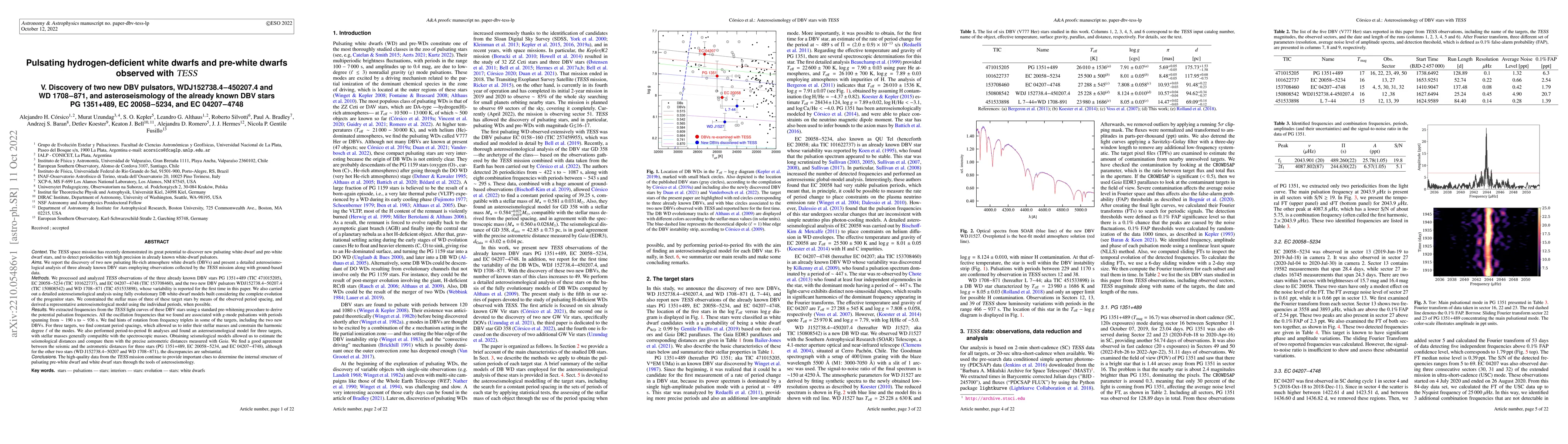 Thumbnail for Pulsating H-deficient WDs and pre-WDs observed with TESS: V. Discovery
  of two new DBV pulsators, WD J152738.4-450207.4 and WD 1708-871, and
  asteroseismology of the already known DBV stars PG 1351+489, EC 20058-5234,
  and EC 04207-4748