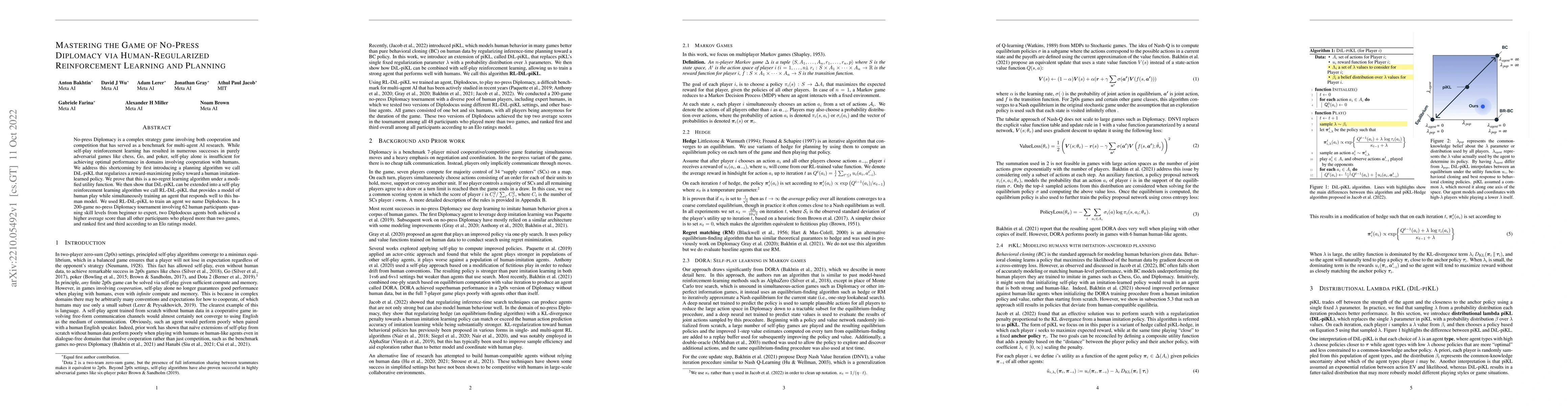 Thumbnail for Mastering the Game of No-Press Diplomacy via Human-Regularized
  Reinforcement Learning and Planning