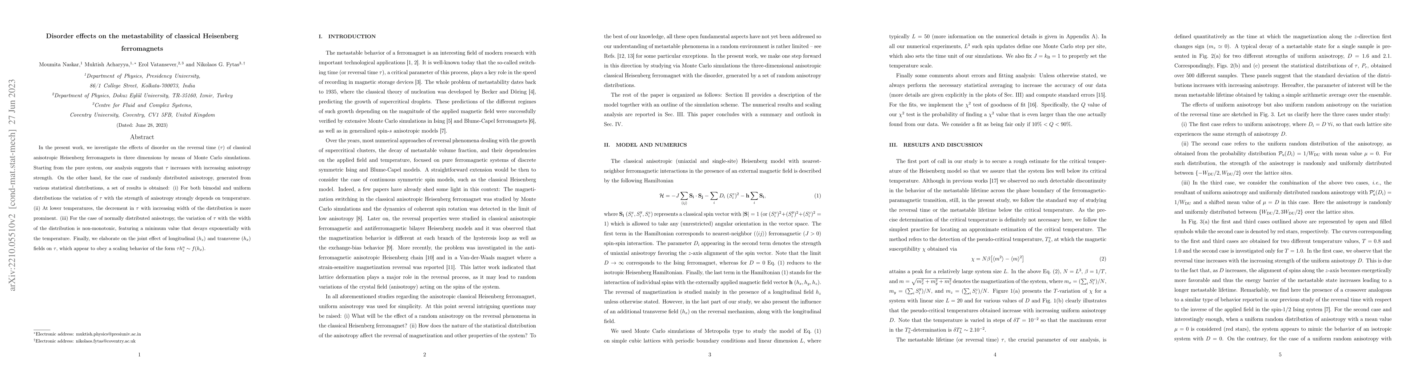 Thumbnail for Disorder effects on the metastability of classical Heisenberg
  ferromagnets