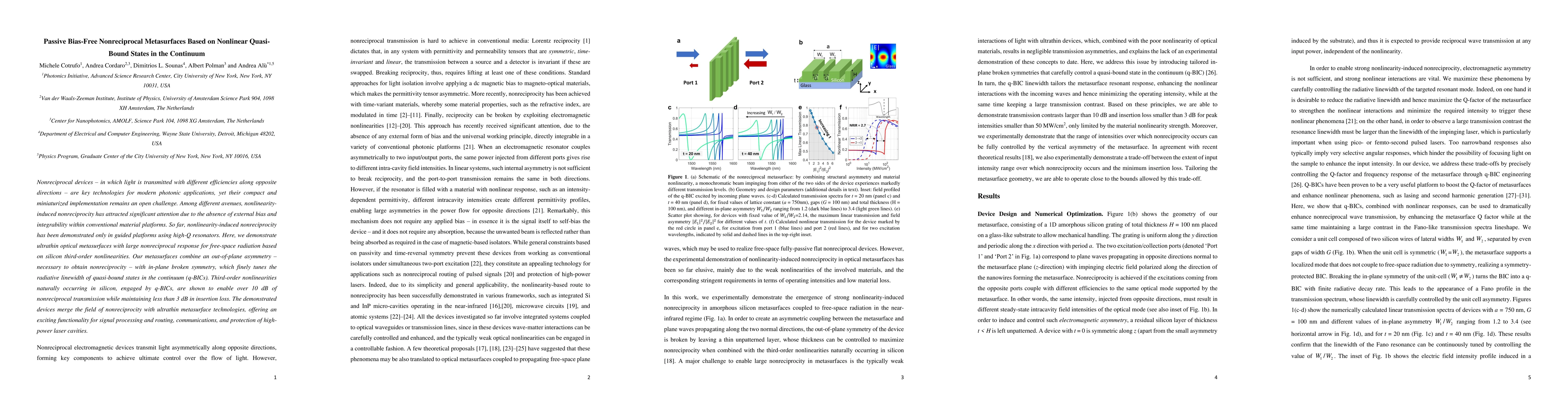 Thumbnail for Passive Bias-Free Nonreciprocal Metasurfaces Based on Nonlinear
  Quasi-Bound States in the Continuum