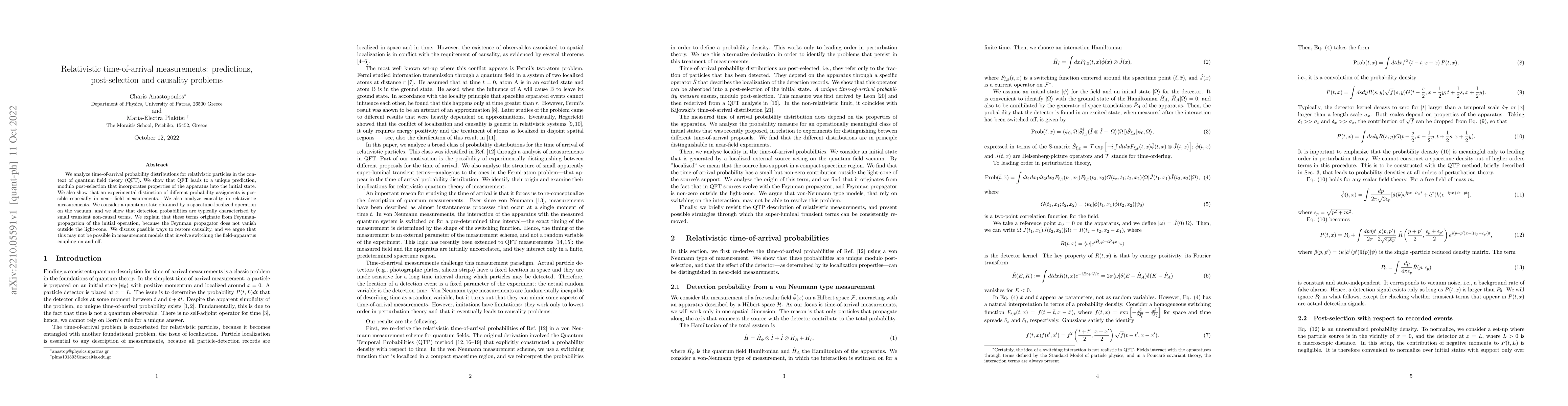Thumbnail for Relativistic time-of-arrival measurements: predictions, post-selection
  and causality problem