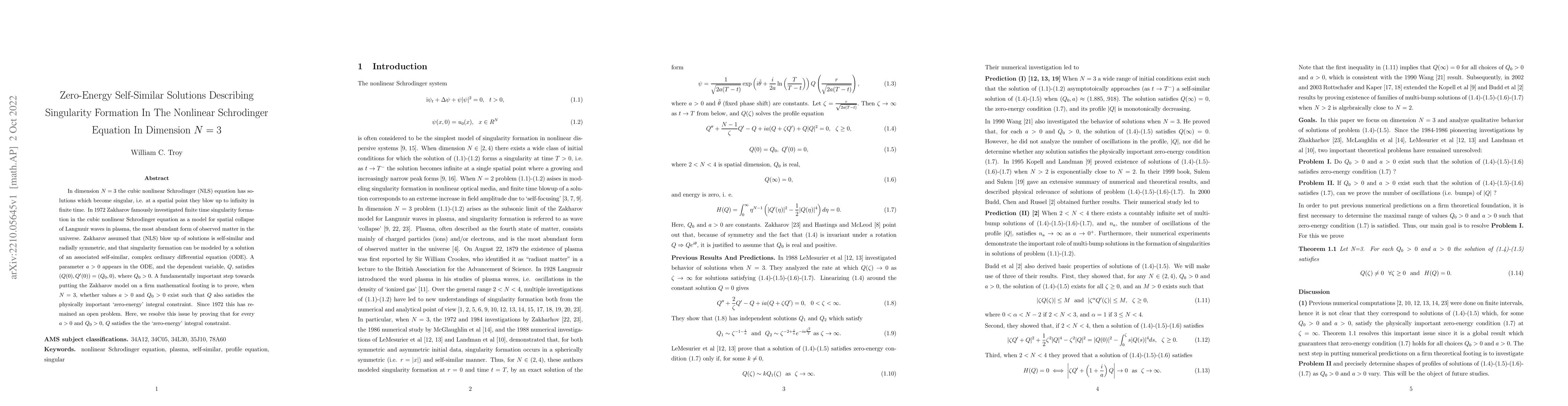 Thumbnail for Zero Energy Self-Similar Solutions Describing Singularity Formation In
  The Nonlinear Schrodinger Equation In Dimension N=3