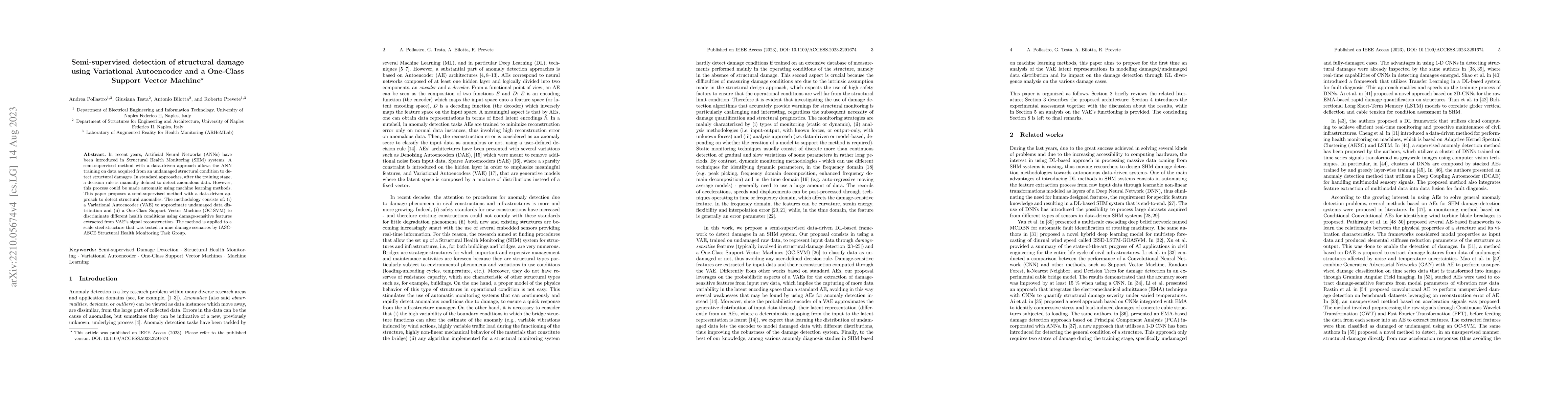 Thumbnail for Semi-supervised detection of structural damage using Variational
  Autoencoder and a One-Class Support Vector Machine